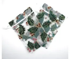 Organza buidel hulst en besjes 17 x 14 cm