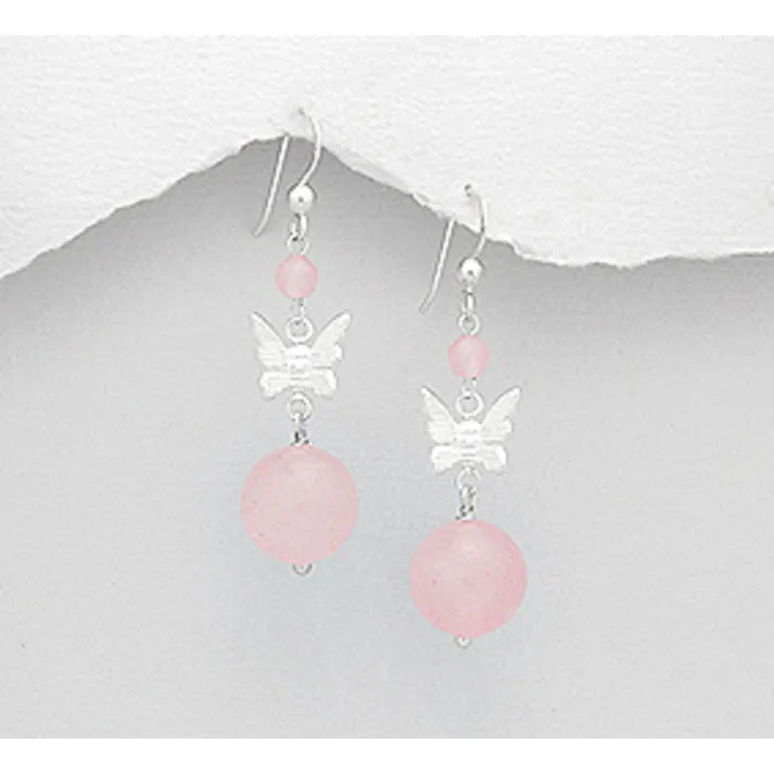 Oorbel zilver vlinder met Rozekwarts