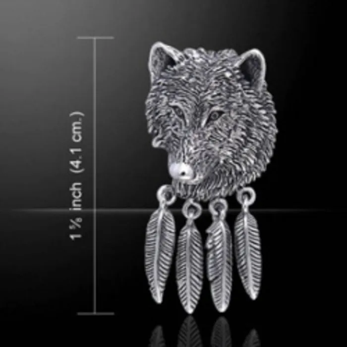 Wolf Hoofd zilver met havik veren