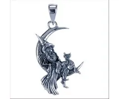 Hanger zilver heks liggend in maan met kat