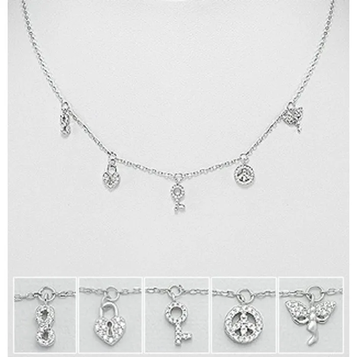 Halsketting zilver met 5 symbolen