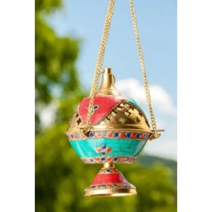 Tempel wierookhouder met turkoois en koraal steentjes