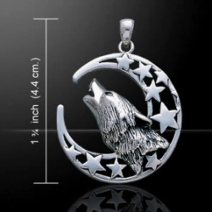 Wolf met maan hanger zilver