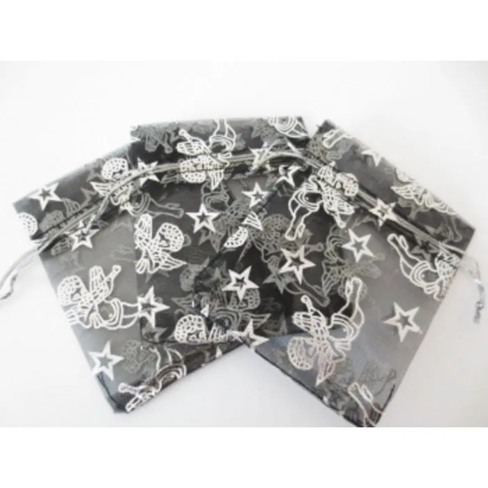 Organza zakje zwart engelen 15 x 10 cm