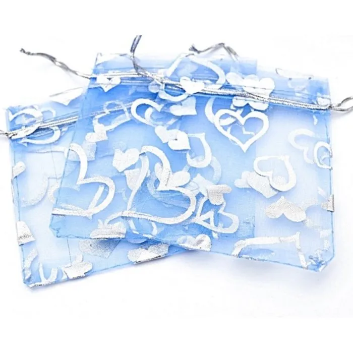 Organza zakje hart blauw 7,5 x 10 cm