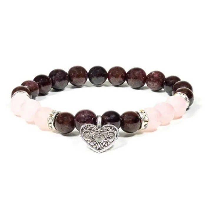 Armband granaat rozenkwarts hartje