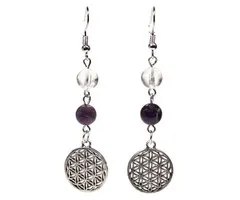 Oorbellen levensbloem bergkristal met amethist