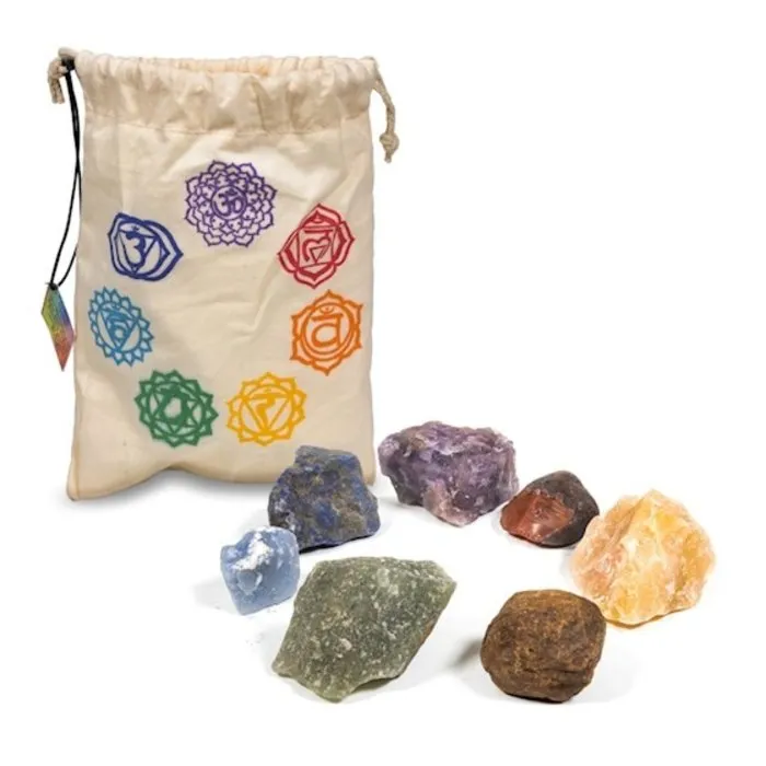 Set 7 chakra stenen in katoenen tasje