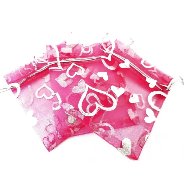 Organza Zakjes Hartjes Fuchsia 10 x 15 cm