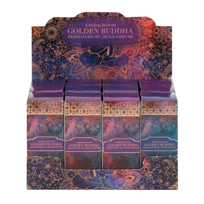 Golden Buddha Sandalwood geurolie. Warm, houtachtig en rustgevend.
