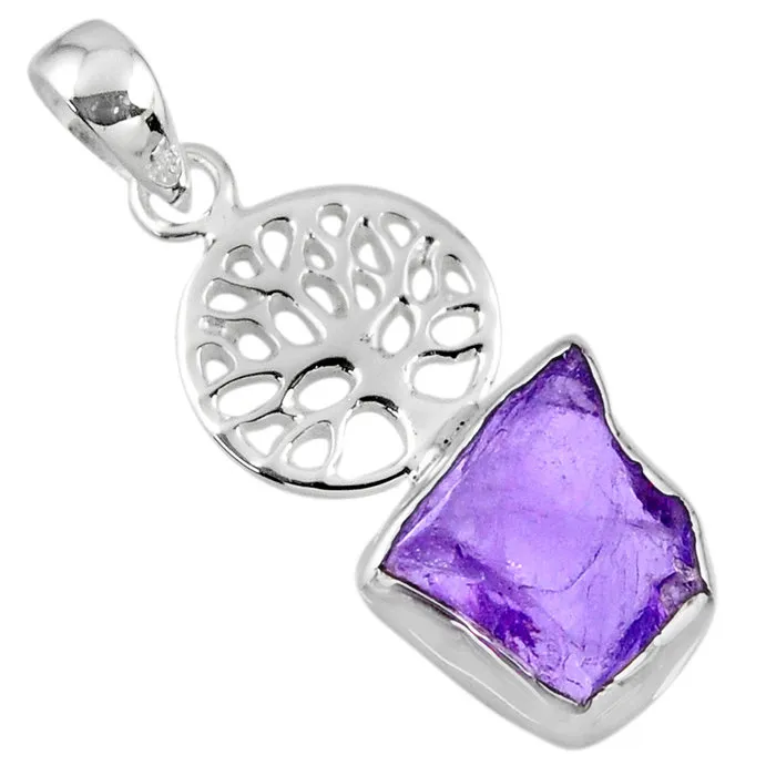 Zilveren hanger amethist ruw met levensboom