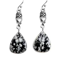 Zilveren oorhangers uil sneeuwvlok obsidiaan