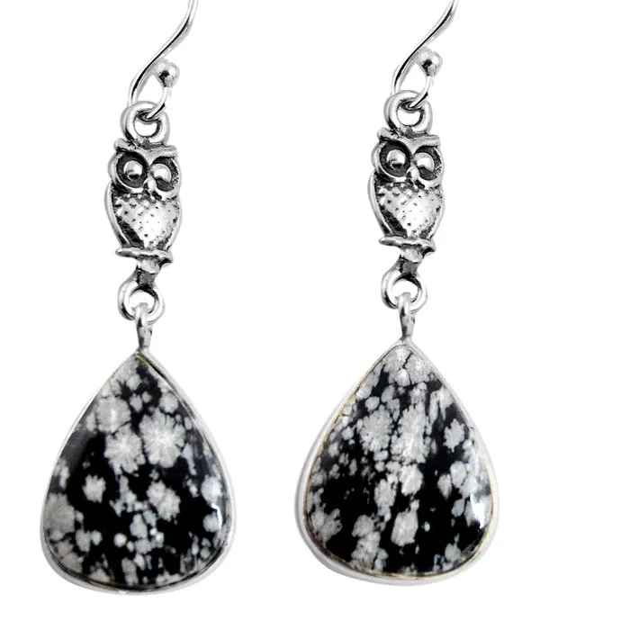 Zilveren oorhangers uil sneeuwvlok obsidiaan