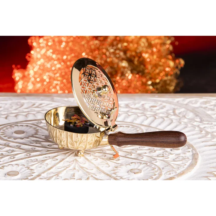 Metalen wierookbrander levensbloem met houten handvat