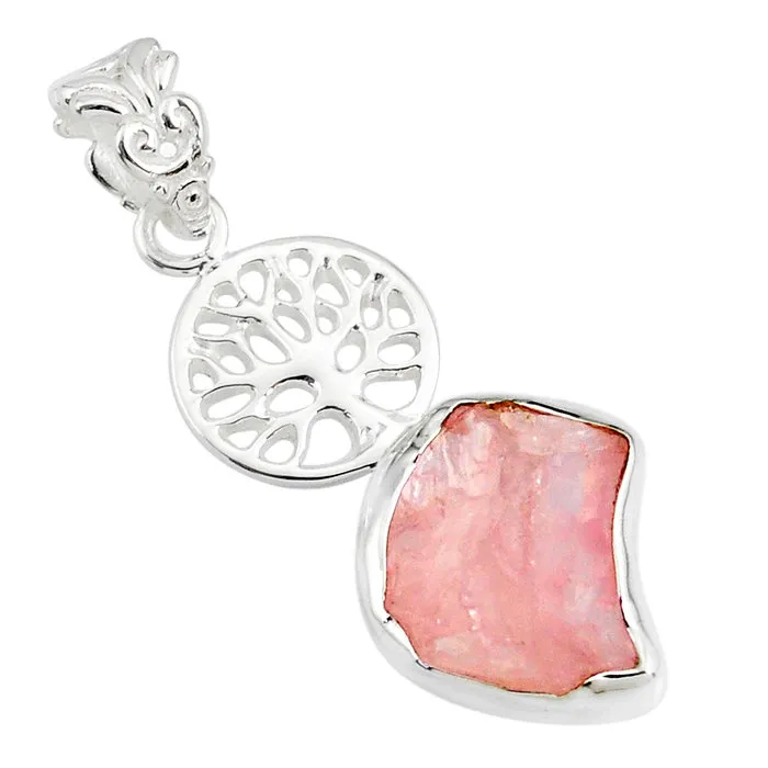 Zilveren hanger levensboom rozenkwarts