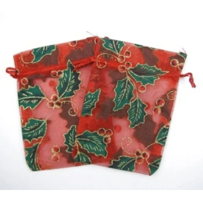 Organza zakje rood hulst en besjes  groot