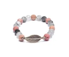 Mala armband rhodoniet grijze kwarts met veer