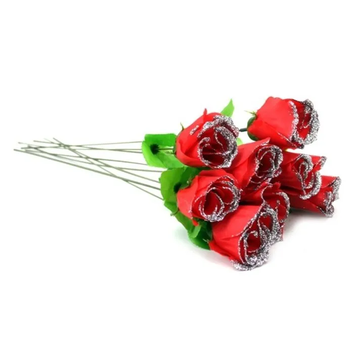 Roos kunststof met zilver glitter 3 stuks