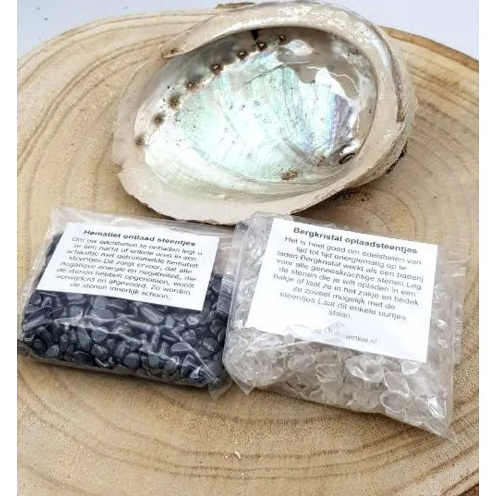 Oplaad- en Ontlaadset voor Edelstenen met Abalone Schelp – Hematiet & Bergkristal