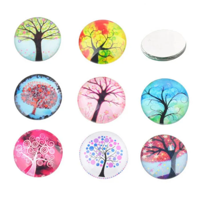 Mix glas cabochons rond met boom 10 stuks