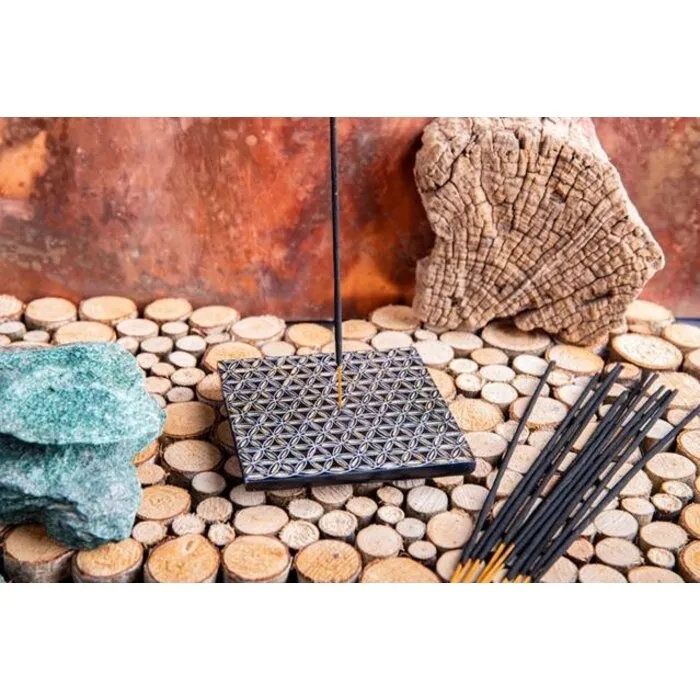 Levensbloem vierkante wierookhouder zwart en goud