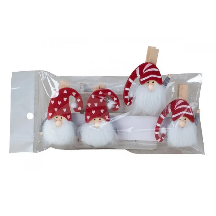 Vilten kerstmannen met houten clips, set van 4