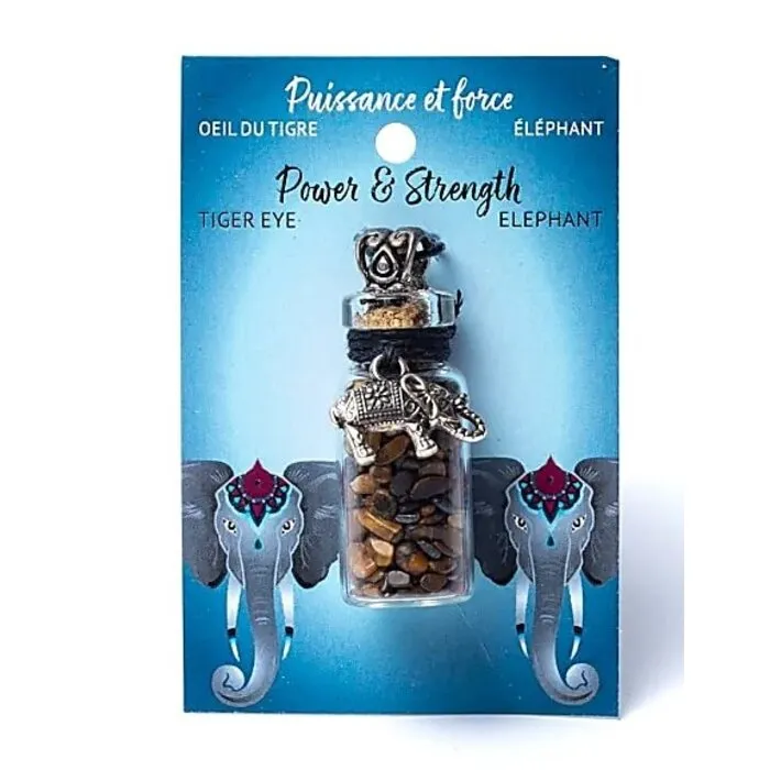 Geschenkflesje aan koord met tijgeroog en olifant