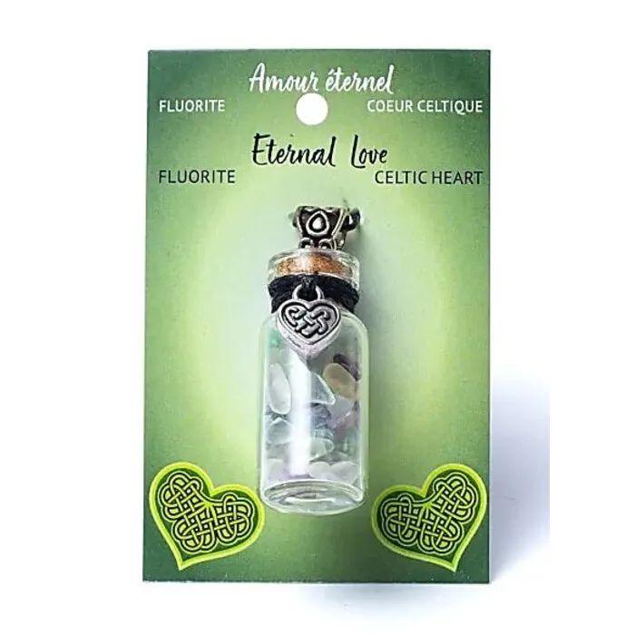 Geschenkflesje aan koord met fluoriet en Keltisch hart