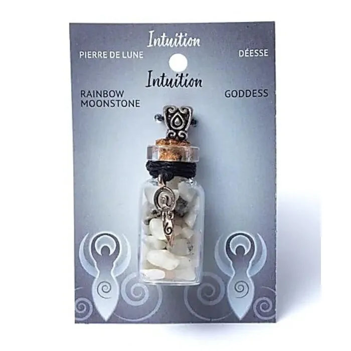 Geschenkflesje aan koord met regenboog maansteen en godinnensymbool