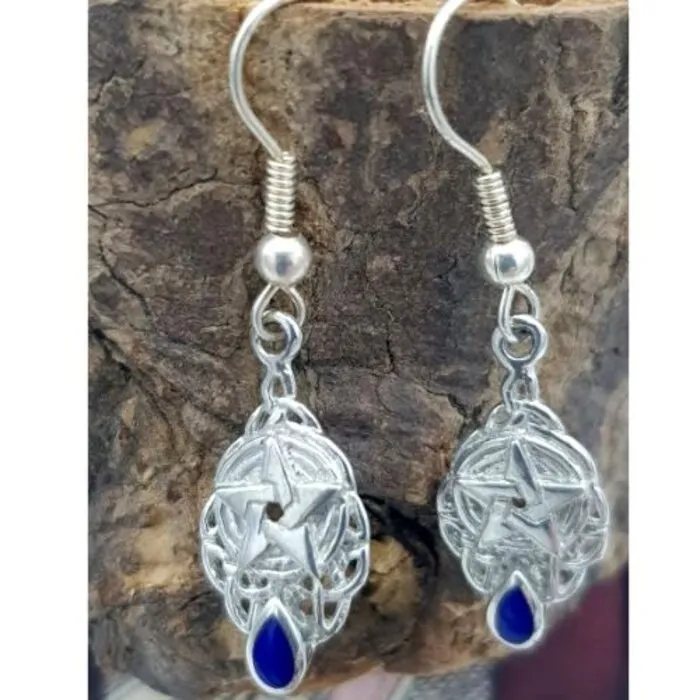 Oorbellen new zilver met pentagram en lapis lazuli steentje
