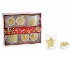 Geschenkdoos met 4 decoratieve theelichtjes en 2 glazen kaarsenhouders