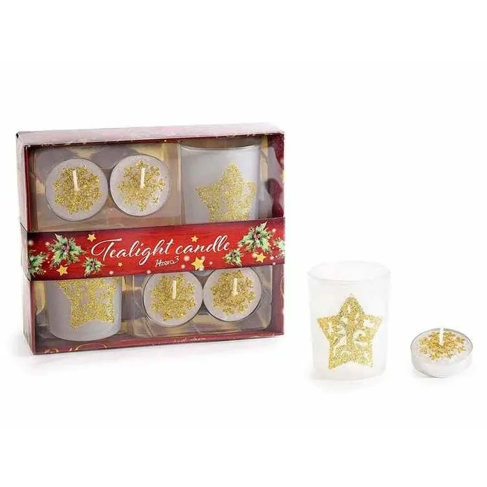 Geschenkdoos met 4 decoratieve theelichtjes en 2 glazen kaarsenhouders