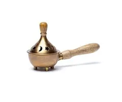 Messing wierookbrander met houten handvat