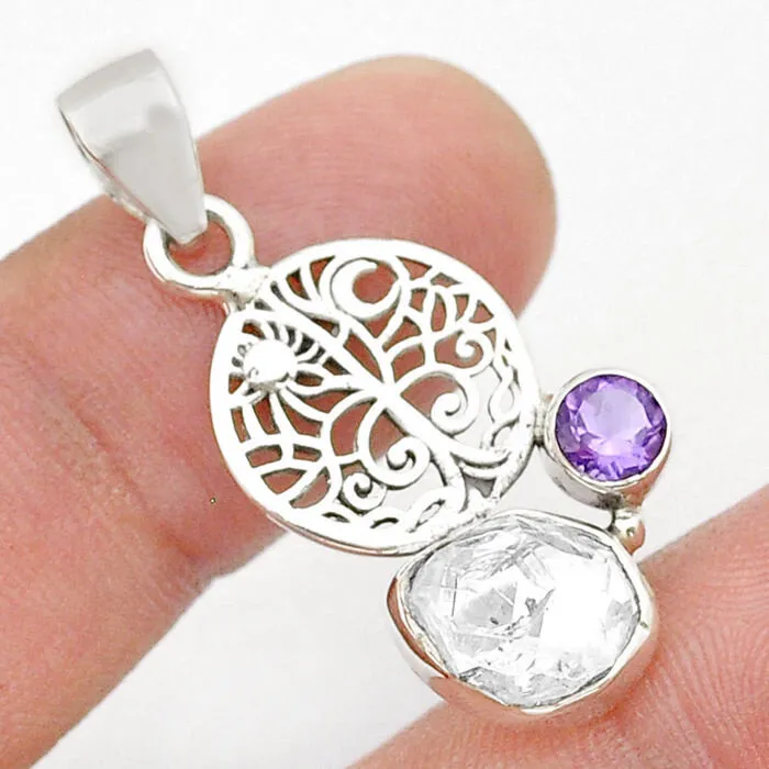 Zilveren hanger levensboom herkimer diamant en amethist