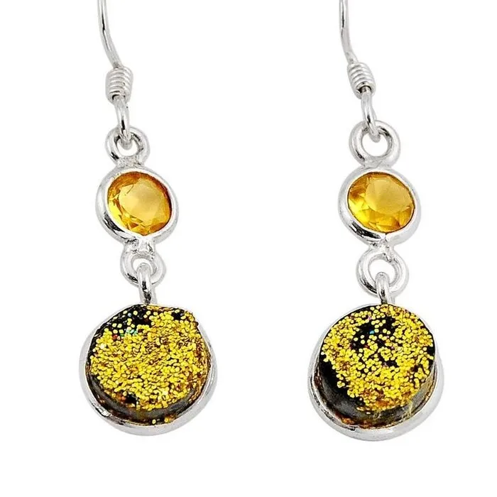 Zilveren Oorbellen met Druzy Kristal en Citrien – 925 Sterling Zilver