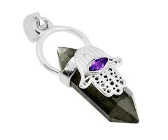 Hangerzilver dubbeleinder Labradoriet met hand Fatima