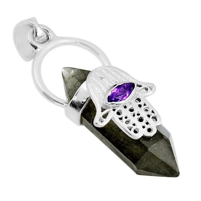 Hangerzilver dubbeleinder Labradoriet met hand Fatima