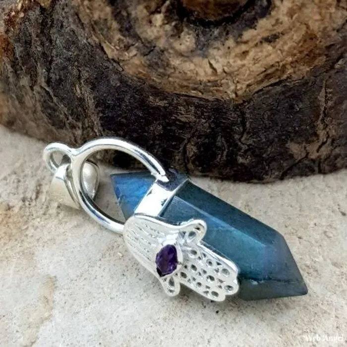 Hangerzilver dubbeleinder Labradoriet met hand Fatima