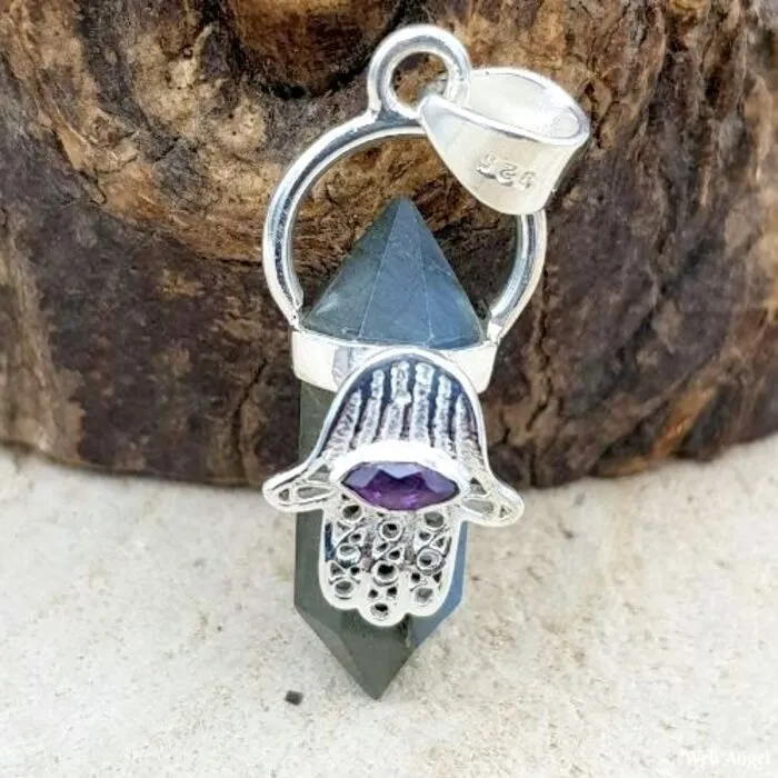 Hangerzilver dubbeleinder Labradoriet met hand Fatima