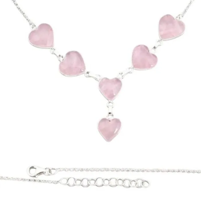 Collier zilver met Rozekwarts hartjes