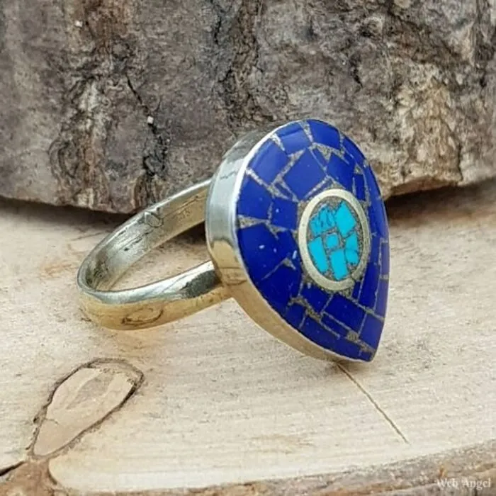 Tibetaanse Ring Lapis Lazuli en Turkoois - Maat 8,5