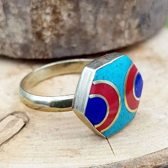 Tibetaanse Ring - Maat ca. 11,5  Zeshoekige Vorm