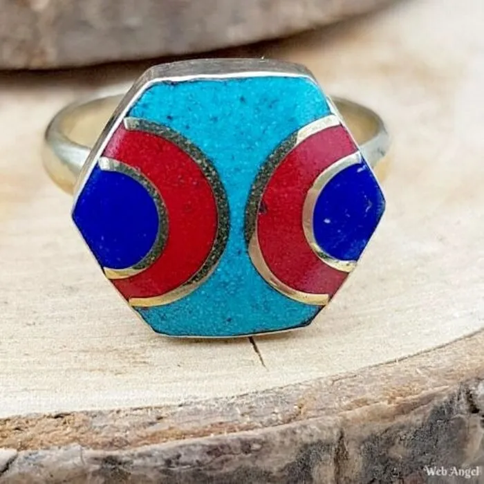 Tibetaanse Ring - Maat ca. 11,5  Zeshoekige Vorm