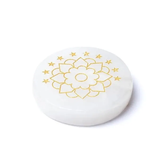 Gegraveerde mineraalschijf bergkristal lotus