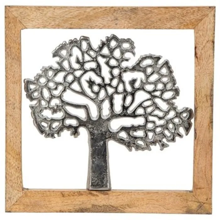 Metalen levensboom in houten frame