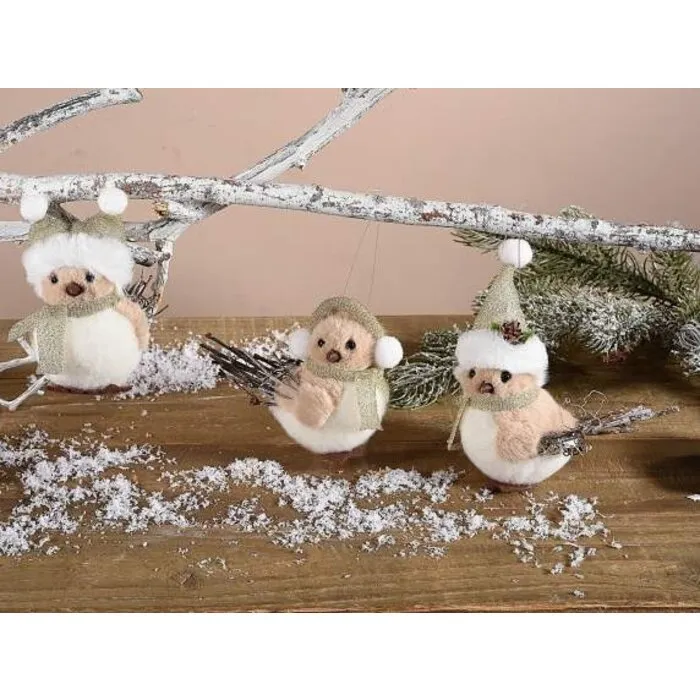 Hanger Kerstvogel in zacht eco-bont en hout