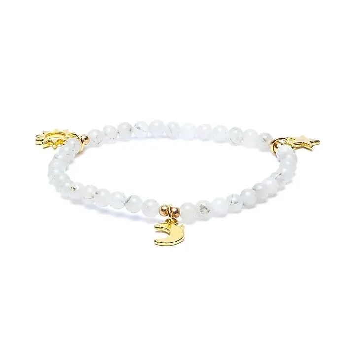 Armband maansteen elastisch met sterren/maan/zon bedels