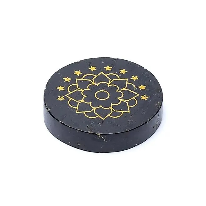 Gegraveerde mineraalschijf zwarte toermalijn lotus