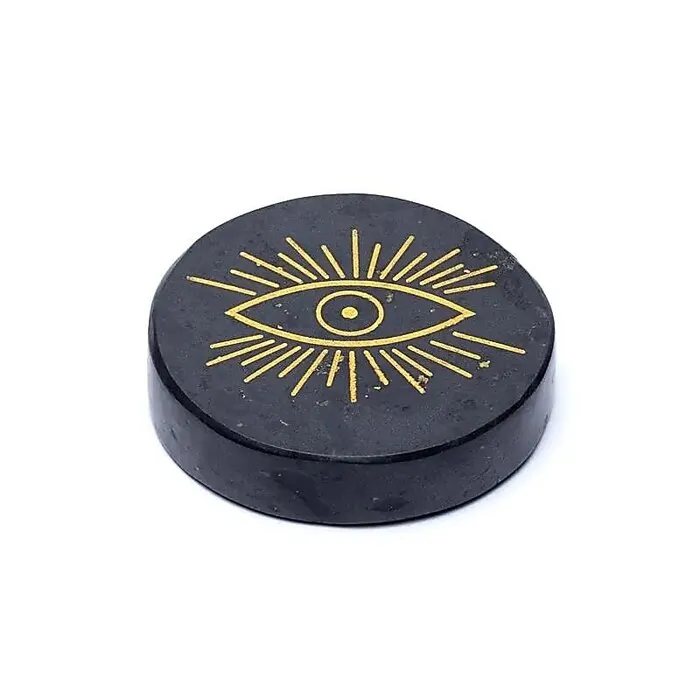 Gegraveerde mineraalschijf zwarte toermalijn alziend oog