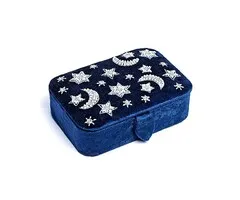 Sieraden / tarotdoos fluweel donkerblauw met maan en sterren